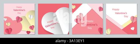 Valentine's Day Pastel Card Set. Vector Illustrattion Designs with Red, White, Yellow and Pink Hearts. Poster, Card, Flyer, Visual Design for February Stock Vector