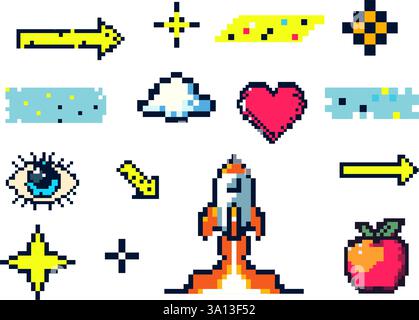 Pixel Art Icon Set Featuring A Rocket, Heart, Cloud, Arrows, Stars, And Eye In A Colorful 8-Bit Retro Style Stock Vector