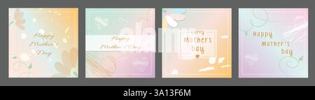 Happy Mother's Day Wishing Card Template Set with Pastel Watercolor Gradients and Floral Designs. Simple Minimalistic Cover, Banner, Flyer, Card. Stock Vector