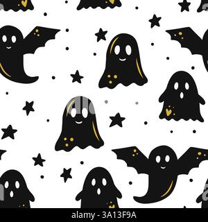 Seamless Hand-Drawn Halloween Ghost Pattern With Smiling And Spooky Ghosts, Stars, And Bats In A Playful Vector Illustration Stock Vector