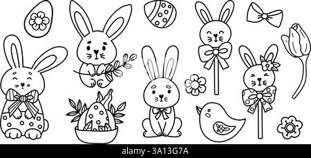 Outline Cute Easter Bunnies Doodle. Spring Holiday Paschal Collection. Isolated Vector Line Hand-drawn illustrations for festive decoration and design Stock Vector