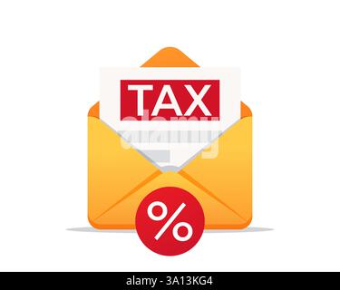 Tax document in open envelope. Tax letter. Tax mail. Vector illustration. Isolated on a white background. Stock Vector