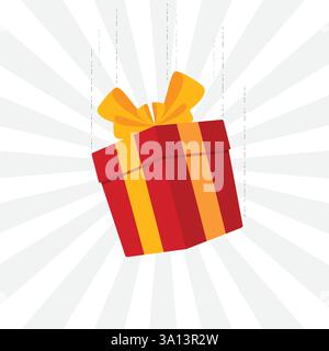 Falling gift with bows Vector illustration on white subburst background stock illustration Stock Vector