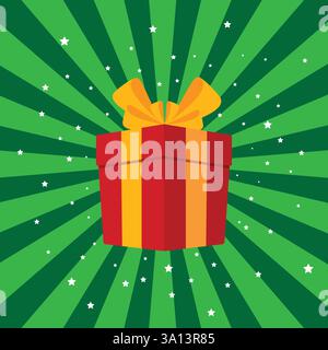 Gift box prize received vector isolated on green sunburst background, happy lucky win present perks, surprise giveaway promotion sale marketing Stock Vector