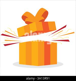 Open yellow gift box isolated on white background with confetti explosion. stock illustration Stock Vector