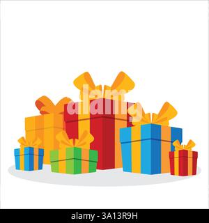 Vector set of different gift boxes in trendy flat style isolated on white background, red orange blue and green boxes stock illustration Stock Vector