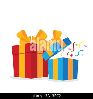 Two gift boxes with confetti. red and blue boxes. Present package, surprise inside. surprise, celebration event, presents, birthday, Christmas. stock Stock Vector