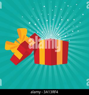 Surprise open red gift box with sunburst background, birthday celebration, special give away package, loyalty program reward, wonder gift stock illust Stock Vector