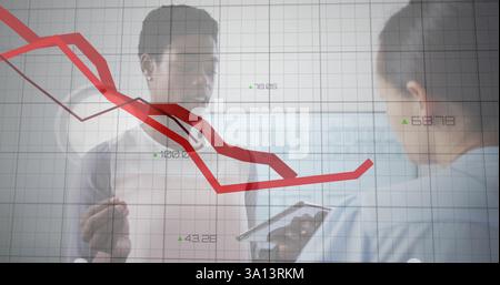 Image of red lines and financial data processing over diverse business people in office Stock Photo