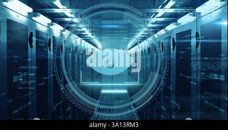 Image of scope scanning with eye icon and data processing over server room Stock Photo