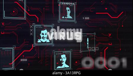Image of data processing and people icons over virus text Stock Photo
