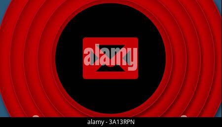 Image of red envelope icon over circuit board and red circles on black background Stock Photo