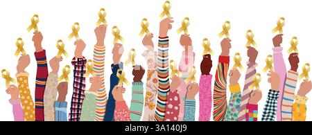 Group of multicultural children hands holding a golden ribbon for Childhood Cancer Awareness Month Stock Vector