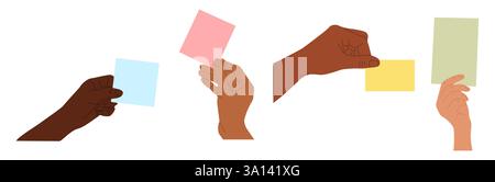 A Different hands holding multicolor sticky notes. Stock Vector