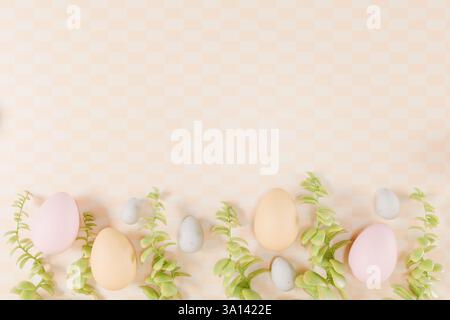 Easter eggs arranged with greenery on a pastel background, celebrating the holiday spirit. 3d rendering Stock Photo