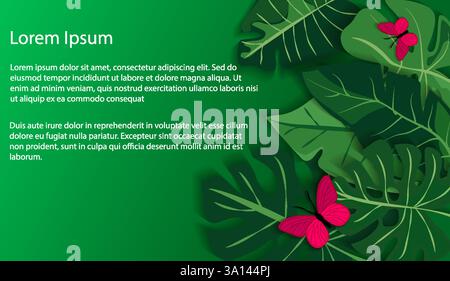 Colorful butterflies resting on tropical leaves in a vibrant green setting showcasing a mockup template illustration Stock Vector
