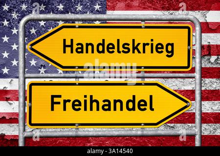 Germany - March 6, 2025: PHOTOMONTAGE, signpost sign with the options TRADE WAR and FREE TRADE in front of the flag of the USA *** FOTOMONTAGE, Wegweiser-Schild mit den Optionen HANDELSKRIEG und FREIHANDEL vor der Flagge der USA Stock Photo