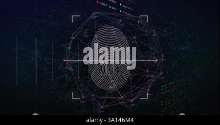 Image of biometric fingerprint scanner over global network on black background Stock Photo