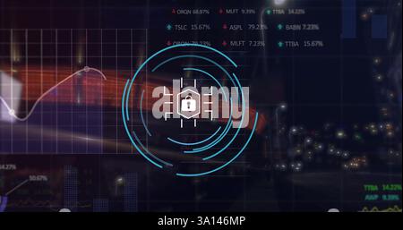 Image of financial data processing over padlock icon Stock Photo