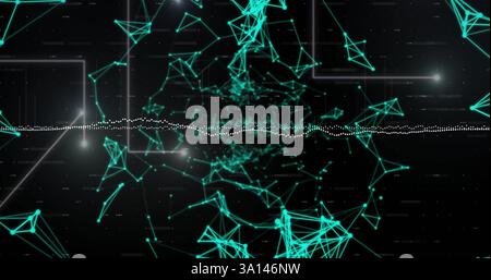 Image of data stream processing over glowing green networks on black background Stock Photo
