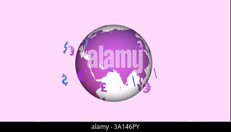 Image of currency icons over globe on pink background Stock Photo