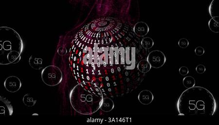 Image of 5g text, binary coding and digital data processing over globe Stock Photo