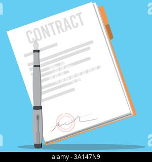 Signed contract with pen flat vector , official legal document or business agreement Stock Vector