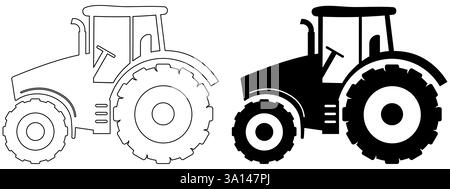 Tractor icon in silhouette and outline versions, Agricultural farm machinery vehicle graphic element Stock Vector