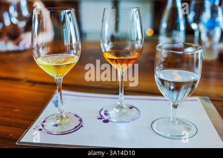 Close-up view of three wine glasses filled with white wine, amber wine and water on wooden table. Mexico. Stock Photo