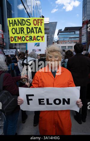 Protestors outside a Tesla Dealer in New York City expressing their disdain for Elon Musk's DOGE chainsaw cutting of Federal jobs and generally the  actions and many of the executive orders of  President Donald Trump. Stock Photo