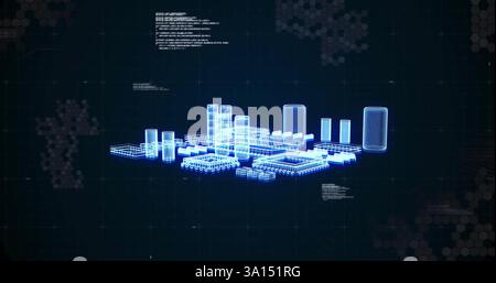 Digital data processing image over futuristic cityscape with text and hexagonal patterns Stock Photo