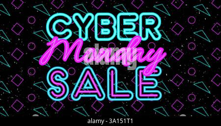 Cyber Monday Sale text in neon colors over geometric shapes on black background Stock Photo