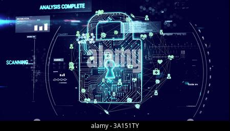 Digital lock and network security image over abstract technological background Stock Photo