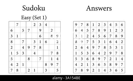 Sudoku Puzzle 9x9 Set 1 Very Easy with Answers, Fun Brain-Training Game for Kids, Teens and Adults, Vector Stock Vector