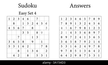 Sudoku Puzzle 9x9 Set 4 Very Easy with Answers, Fun Brain-Training Game for Kids, Teens and Adults, Vector Stock Vector
