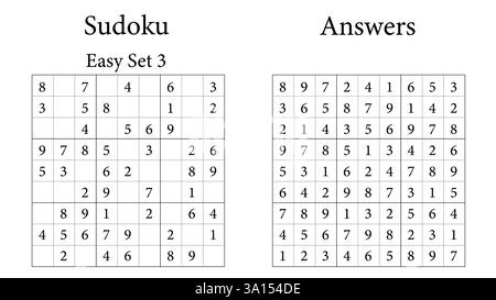 Sudoku Puzzle 9x9 Set 3 Very Easy with Answers, Fun Brain-Training Game for Kids, Teens and Adults, Vector Stock Vector