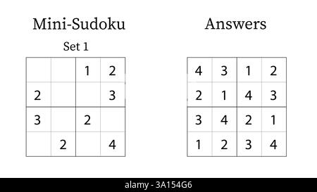 Mini Sudoku Puzzle 4x4 Set 1 for Kids Very Easy with Answers, Fun Brain Training Math Game for Kids, Vector Stock Vector