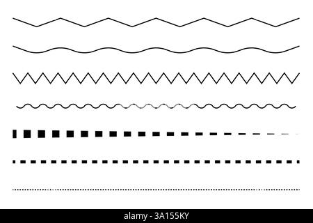 Decorative line set. Various border styles. Dashed zigzag wavy. Vector illustration. Stock Vector