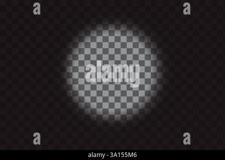 Glowing spotlight effect. Transparent light halo. Dark checkered background. Vector illustration. Stock Vector