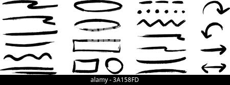 Black charcoal hand drawn shapes and frames set. Straight and curved paintbrush line set. Rough Sketch stripes and forms for diagram, highlight, underline, emphasis. Vector scribbled crayon strips Stock Vector