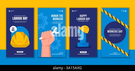 Happy Labor Day Social Media Stories Template Featuring Cartoon Workers Stock Vector