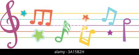 Vibrant notes and symbols on a musical staff Stock Vector