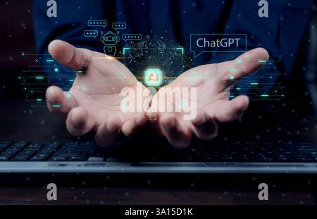 AI Assistant. Businessmen's hands hold virtual graphics on global internet connections. artificial intelligence to analyze and assist while at work. A Stock Photo