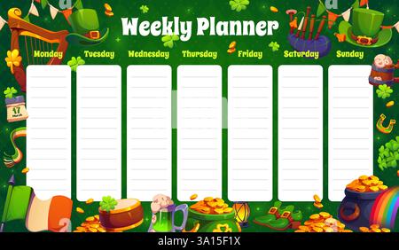Weekly planner schedule with St Patrick day holiday characters, vector week planner template. Irish Saint Patrick day leprechaun hats, Ireland flag or Stock Vector