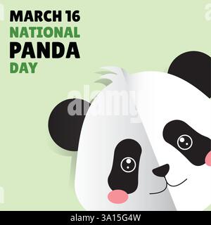 National Panda Day on March 16, Vector Illustration of Cute Panda in Folded Paper Style on Minimalist Green Background. Stock Vector