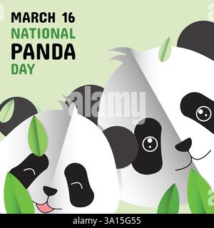 Vector illustration of pandas and bamboo leaves in folded paper style with text. March 16 National Panda Day Commemoration. Stock Vector