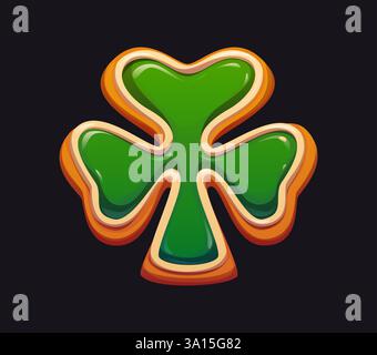 Cartoon shamrock shaped cookie with a green glossy icing and a golden brown border, symbolizing luck and Irish heritage. Vector delicious treat, festi Stock Vector