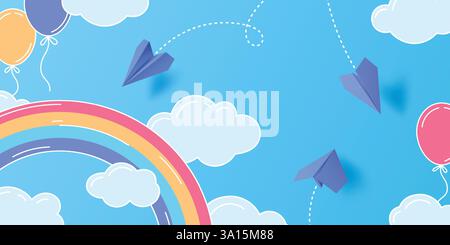 Paper planes on blue sky background. Vector realistic illustration of origami message, mail, travel symbols flying on backdrop with color rainbow and air balloons, school banner, tourism newsletter Stock Vector