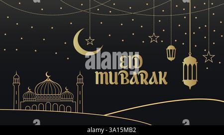 Eid Mubarak premium vector illustration. Golden and black gradient eid mubarak background with star and moon. luxury design. Islamic background eid th Stock Vector
