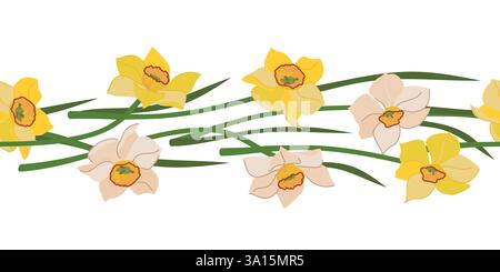 Seamless border of daffodils isolated on white background. Yellow and white spring flowers, Mother's Day gift. Colorful flat style vector illustration for wedding decoration. Stock Vector